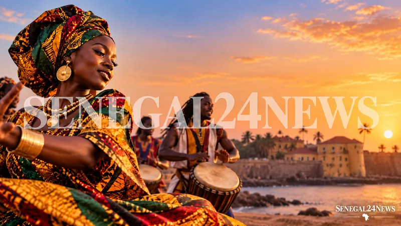 Une danseuse sénégalaise et des musiciens au bord de mer au coucher du soleil — illustration générée par IA
