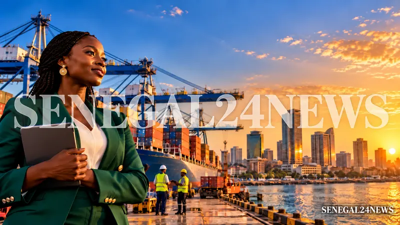 Une entrepreneuse devant un port maritime et des grues à conteneurs — illustration générée par IA