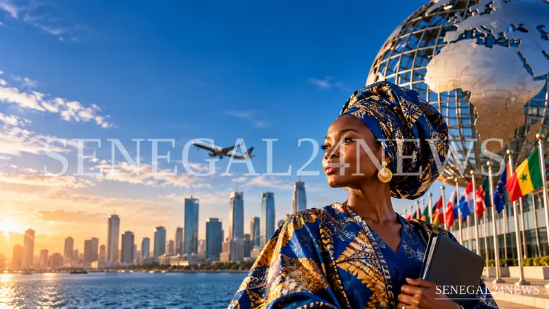 Une professionnelle africaine devant un globe et des drapeaux internationaux — illustration générée par IA
