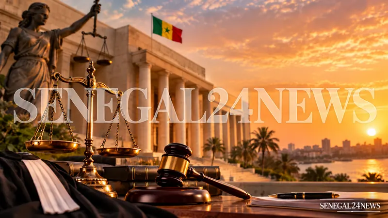 Symboles de la justice et drapeau sénégalais au soleil couchant — illustration générée par IA