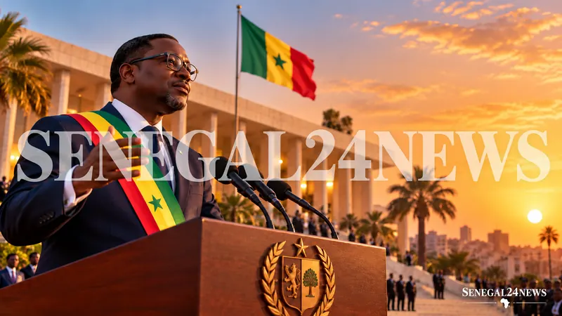 Un représentant politique fictif prononce un discours devant le drapeau sénégalais — illustration générée par IA
