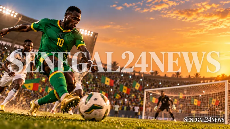 Un footballeur sénégalais fictif en action dans un stade rempli de supporters — illustration générée par IA
