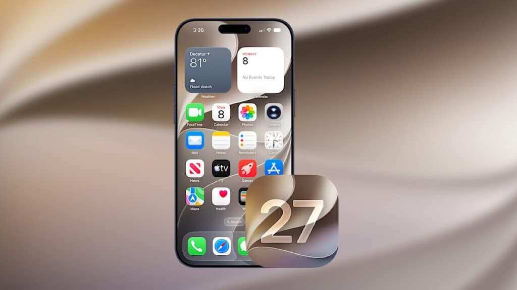 Apple iOS 27 operating system, showcasing a smartphone home screen with app icons, widgets, and the version number twenty-seven against a soft abstract background.